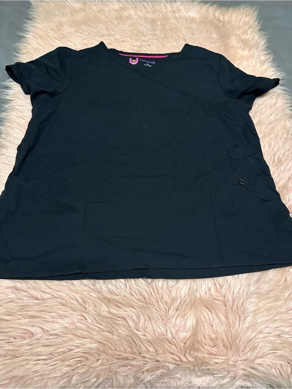 Urbane Black Short Sleeve Wrap-Style Scrub Top
